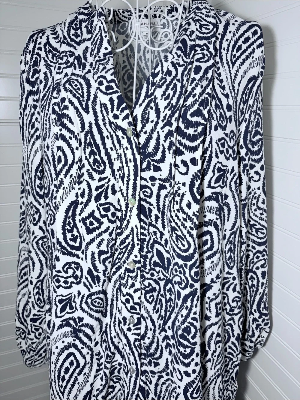 Navy & White Paisley Long Sleeve Tiered V-Neck Dress by